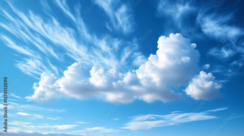 Fototapeta premium Vibrant Azure Sky with Fluffy White Clouds, Serene Landscape, Perfect for Travel and Dreamy Scenes