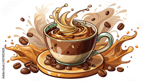 Steam rises gently from a rich cappuccino in a transparent glass mug, decorated with artistic milk swirls and scattered chocolate flakes, all showcased against a clean white background.