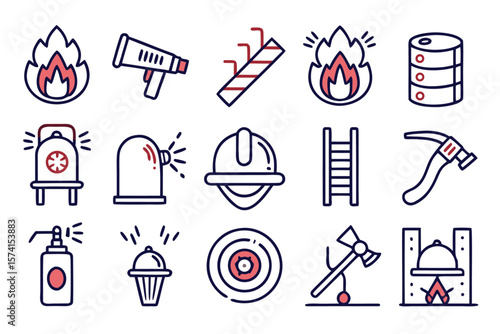 Collection of monochrome firefighter symbols and graphics representing emergency services and safety equipment for design projects