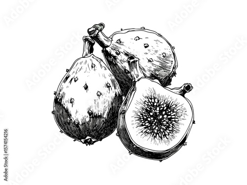 Black ink vintage engraving of cactus fig, tropical fruit botanical illustration, hand-drawn sketch, old style healthy fruit artwork, natural herbal decor, exotic plant drawing