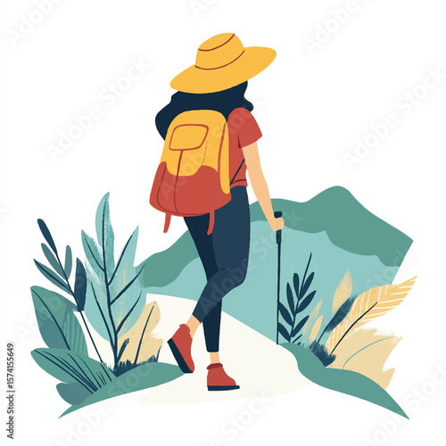 a girl hiking with sunhat and backpack