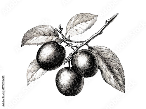 Black plum vintage engraving, hand-drawn fruit sketch in old engraving style, antique dark fruit illustration, retro botanical print, trendy kitchen decoration, rustic farmhouse art