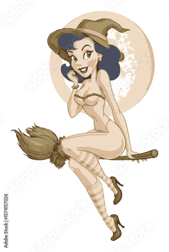 Playful Hand-Drawn Witch Illustration on Broom with Moon Background