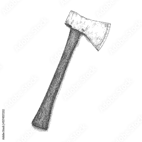 Black and white drawing of an axe, pointed and has a wooden handle. Retro pop art stipple sketch, paper photocopy texture, threshold.