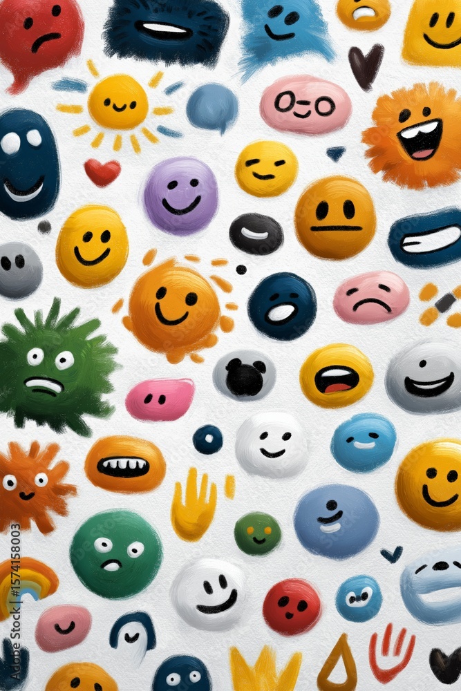 Fototapeta premium Colorful cartoon faces with various emotions and expressions on white background