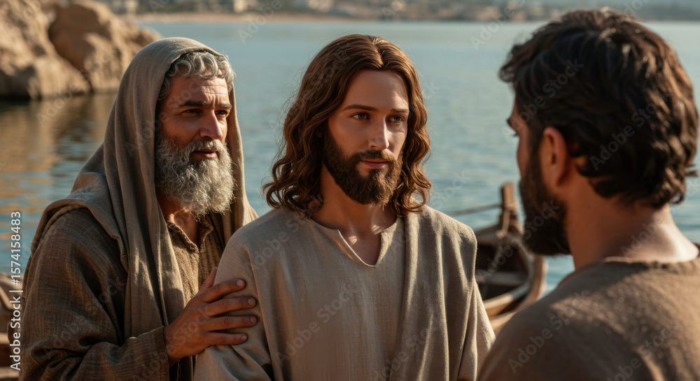 Fototapeta premium Jesus christ and an older man talk to another man by a lake, biblical scene depicting a religious story.