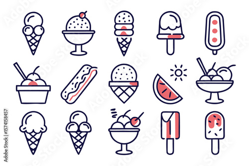 A collection of delightful frozen dessert symbols featuring classic cones and scoops perfect for culinary branding and sweet treat promotions rendered in a clean appealing style