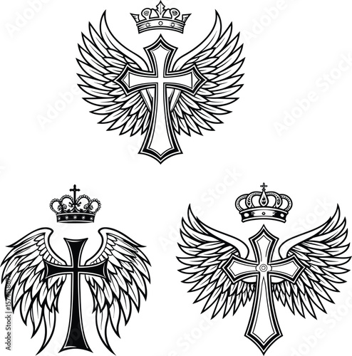 Three stylized christian crosses adorned with regal crowns and spread wings presented as graphic emblems isolated on transparent background