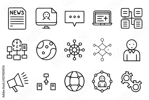 Comprehensive collection of clean modern line art symbols representing news data and communication for digital interfaces and informational graphics