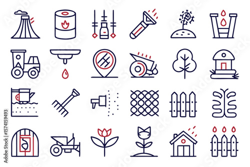 Comprehensive collection of water management and agricultural watering symbols featuring essential elements for fluid distribution and cultivation systems rendered in a striking color palette