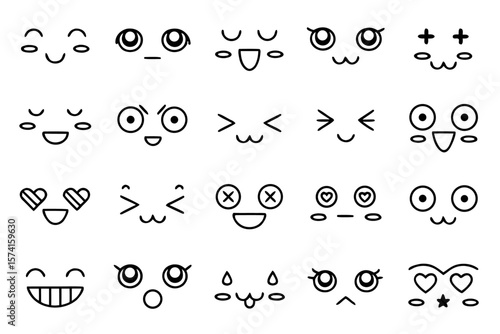 Collection of adorable and amusing japanese inspired cartoon facial expressions and emoticons for creative projects