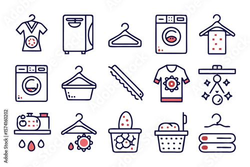 Comprehensive collection of clean modern line art symbols representing laundry services household chores and fabric care essentials perfect for digital and print applications