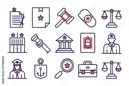 Comprehensive collection of linear style web icons representing legal concepts justice and courtroom proceedings for digital applications and branding
