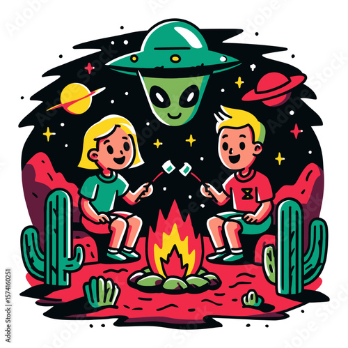 Cartoon Adventure of Alien and Human Friends Around Campfire in Space