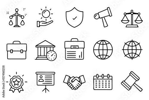 Collection of twelve distinct legal and justice system themed minimalist outline symbols presented in a clean and professional graphical arrangement for diverse applications