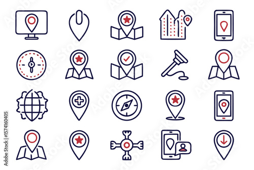 Comprehensive collection of thin line graphical elements representing various navigation and pinpointing concepts in a vibrant color palette