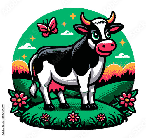 Cartoon Cow in Nature with Butterflies and Flowers Surrounded by Clouds