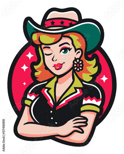 Cartoon Cowgirl Character with Winking Expression and Retro Style
