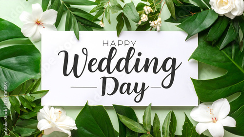 WEDDING DAY Text in Dynamic Minimalist Style – Realistic Typography with Green Tropical Floral Leaves