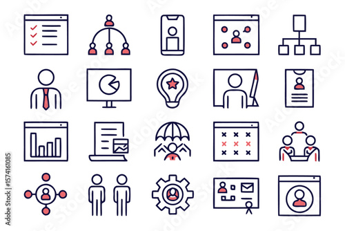 Comprehensive collection of business and project management symbols presented in a clean modern linear graphic style for digital interfaces and presentations