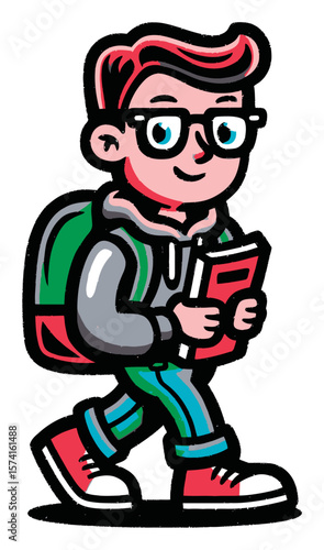 Young Boy Cartoon Character with Backpack and Book in Colorful Attire