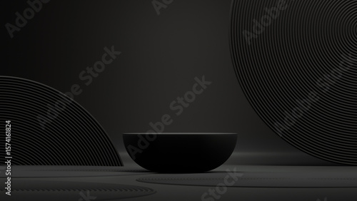 Abstract product background. Japanese style pedestal and bonsai tree black background for cosmetic, perfume, product presentation. 3D rendering, illustration