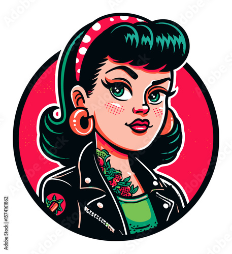 Vintage Cartoon Style Female Character with Bold Features and Accessories