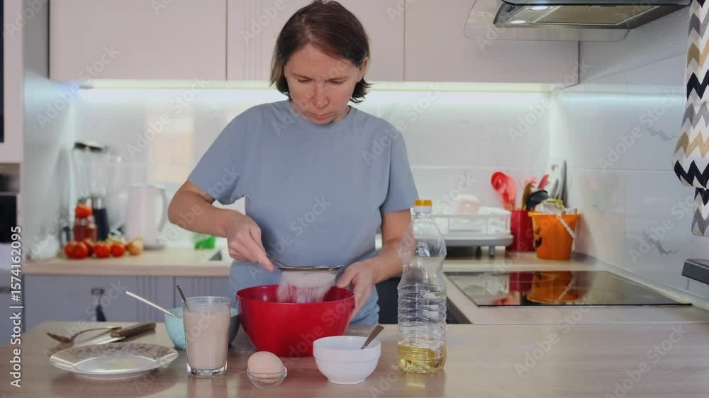 Adult woman sifts flour into a red bowl to start making dough in her home kitchen. Real life and the use of simple, natural ingredients in everyday cooking. Adult woman sifts flour into a red bowl to start making dough in her home kitchen. Real life and the use of simple, natural ingredients in everyday cooking.