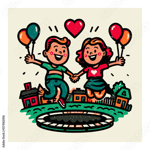 Joyful Kids Jumping on a Trampoline Surrounded by Balloons and Nature