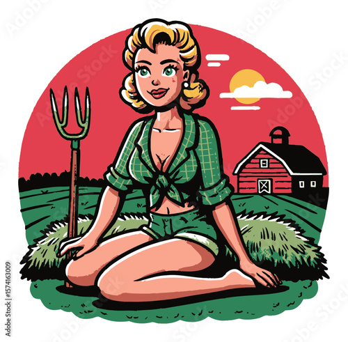Cheerful Cartoon Farm Woman with Pitchfork and Barn in Vintage Style