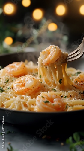 Steaming shrimp scampi pasta dish is served with fork on bokeh background