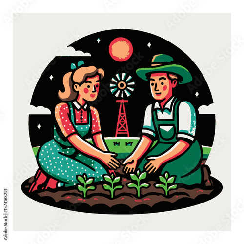Vintage Cartoon of Farmer Couple Planting Crops with Windmill in Background