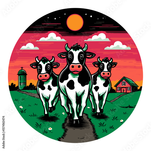 Cartoon Illustration of Three Happy Cows on a Country Pathway