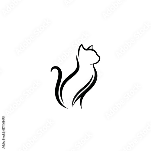 Elegant cat logo vector. Simple line art silhouette of a sitting feline.