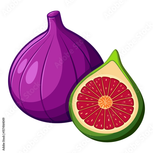 Whole and sliced purple fig with vibrant red interior fruit green