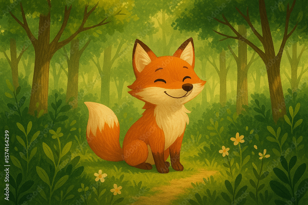 Naklejka premium Smiling Fox in Woodland: A cheerful fox with a fluffy tail sits contentedly within the lush embrace of a vibrant woodland scene, surrounded by verdant trees and a charming pathway.