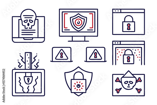 Modern and sleek collection of graphic elements representing online security threats data breaches and digital deception tactics