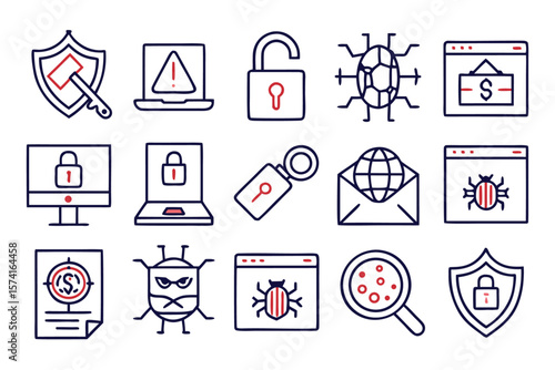 Collection of minimalist graphic elements representing digital security threats online deception and cybercrime prevention measures in a modern style