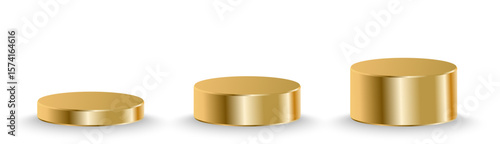 Three golden podiums of different heights, shiny 3D cylinders on white background, award or ranking platform.