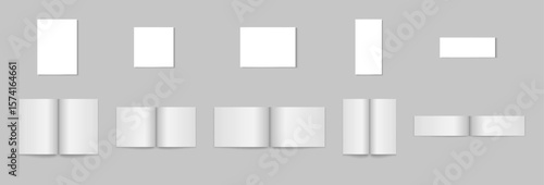 collection of blank white opened book pages with blank book covers, realistic magazin and book mockup