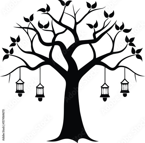 A tree with hanging lanterns on its branches