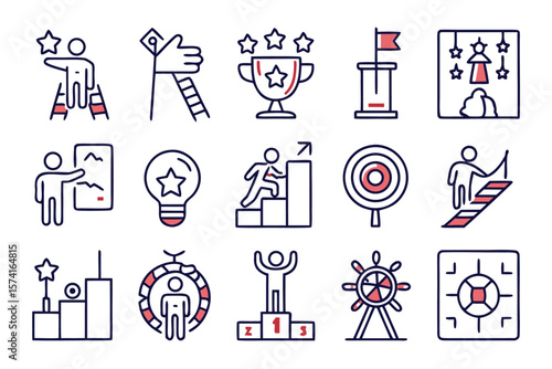 Comprehensive collection of clean line art symbols representing personal development achievement and forward momentum for various applications