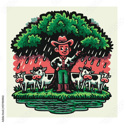 Cartoon Farmer Woman with Pitchfork in Front of Mountain Landscape Scene