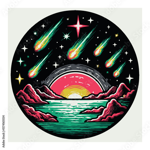 Vibrant Cartoon Style Landscape with Comets and Mountains at Sunset