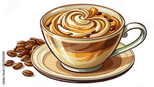 A barista’s touch created perfect milk foam art on a hot cappuccino. The glass cup reveals its creamy layers. Chocolate curls enhance the design over a white background.