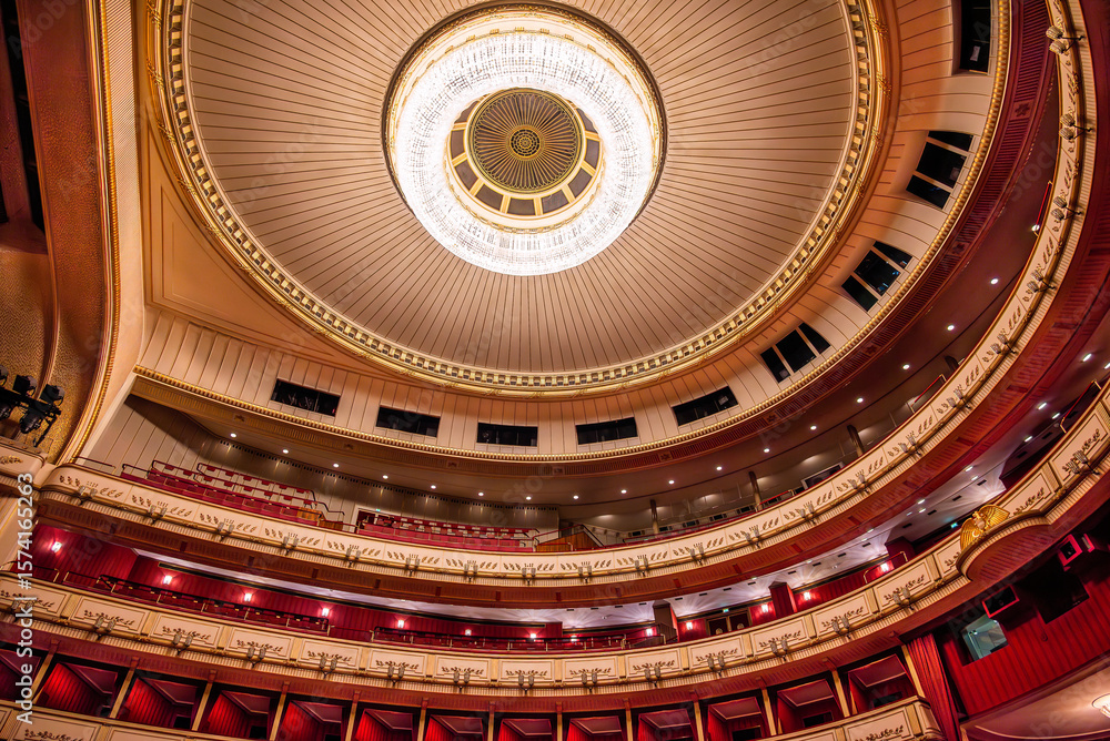 Obraz premium Opera house ceiling with grand chandelier and balconies 