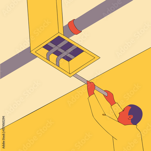 Worker adjusting air duct damper with tool in industrial setting  