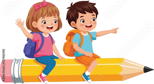 Cartoon children with backpacks sitting on a pencil pointing and waving hand