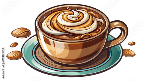 A barista’s touch created perfect milk foam art on a hot cappuccino. The glass cup reveals its creamy layers. Chocolate curls enhance the design over a white background.