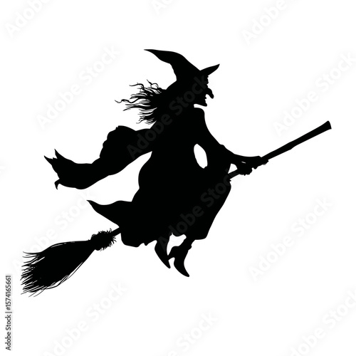 silhouette of a witch on a broomstick isolated on white background vector illustration